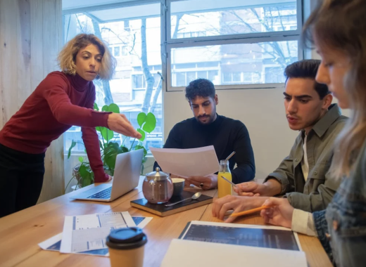 2 Men and a Woman at a Small Conference Table